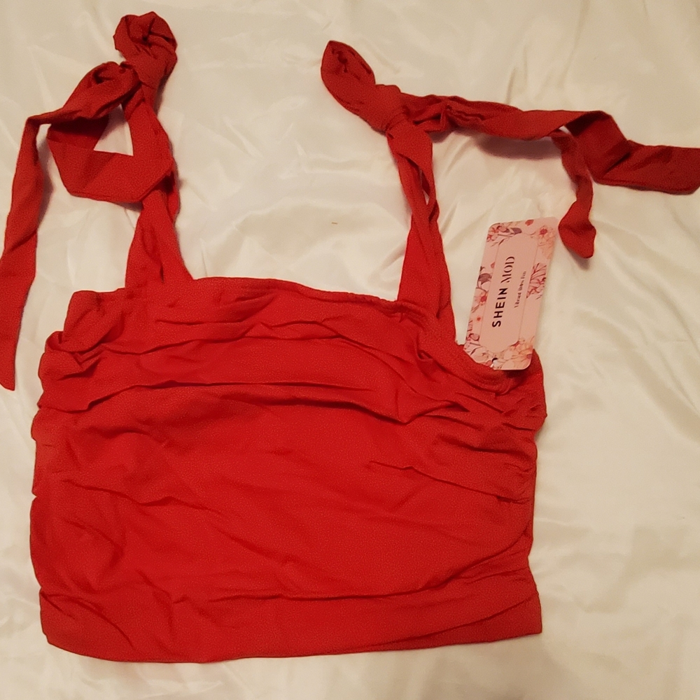 SHEIN Red Ruched Tie Front Sleeveless Tank Top